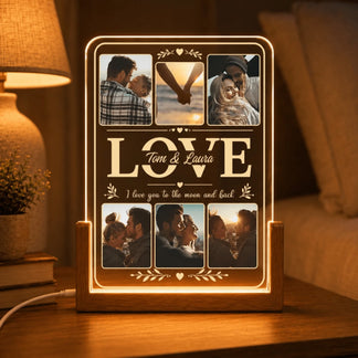 Personalized LED acrylic plaque with love text and six custom couple photos, ideal as a romantic anniversary gift.