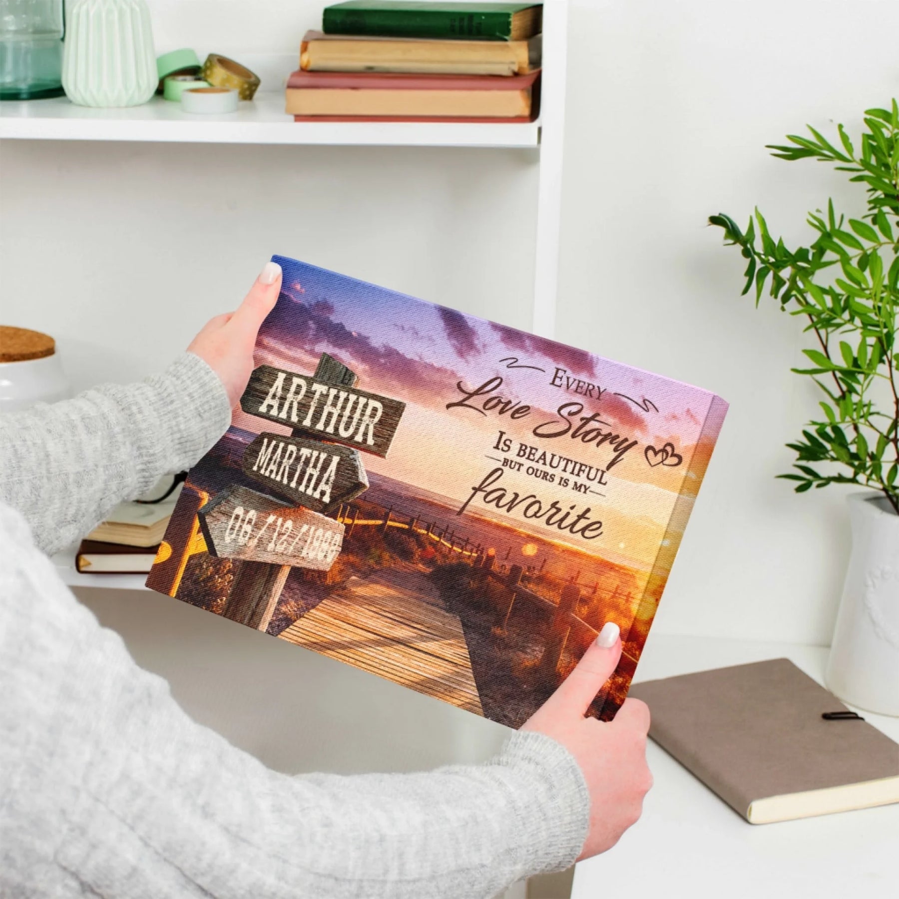 A custom canvas featuring a beach path and wooden directional signs personalized with names and a date for a romantic anniversary gift.