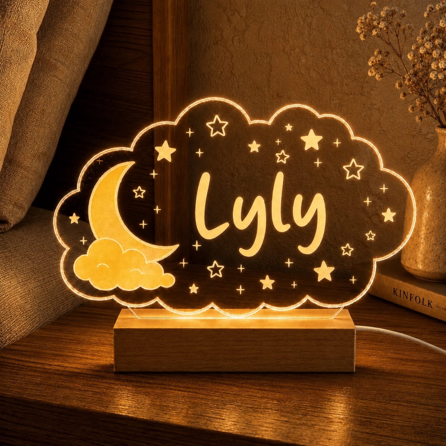 Custom cloud shape LED night light personalized with the name Lyly, featuring a cute moon and stars design for kids.