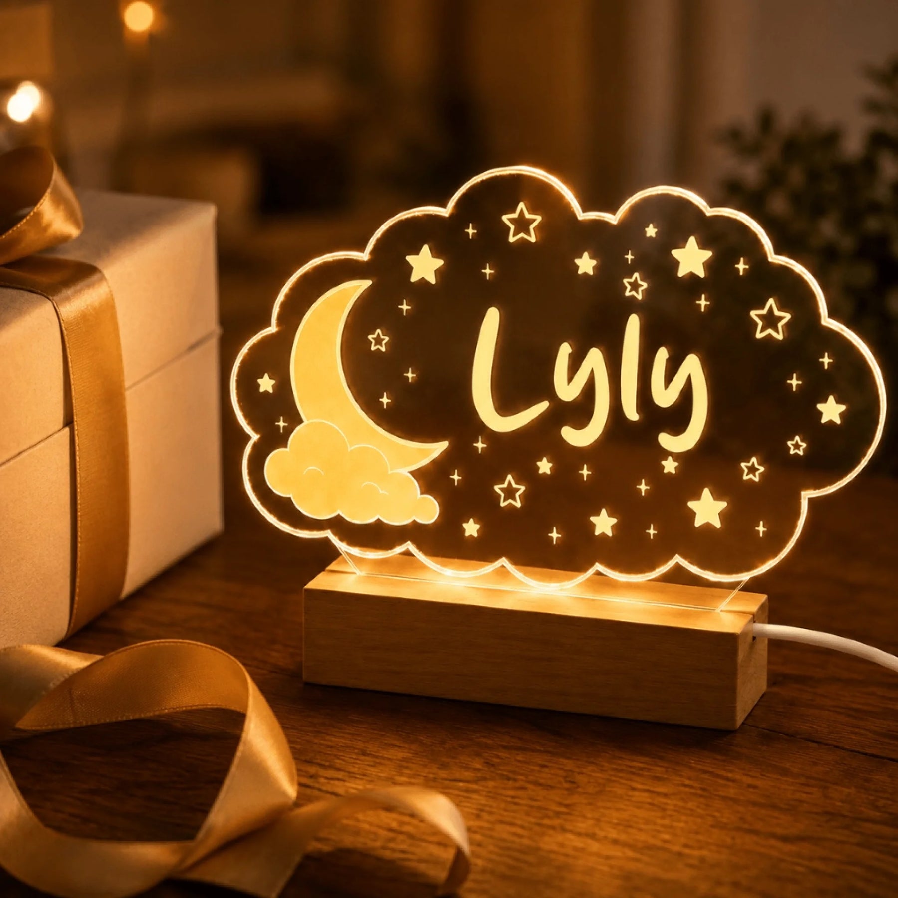 Custom cloud-themed LED night light featuring the name Lyly, an adorable personalized gift for children's bedrooms.