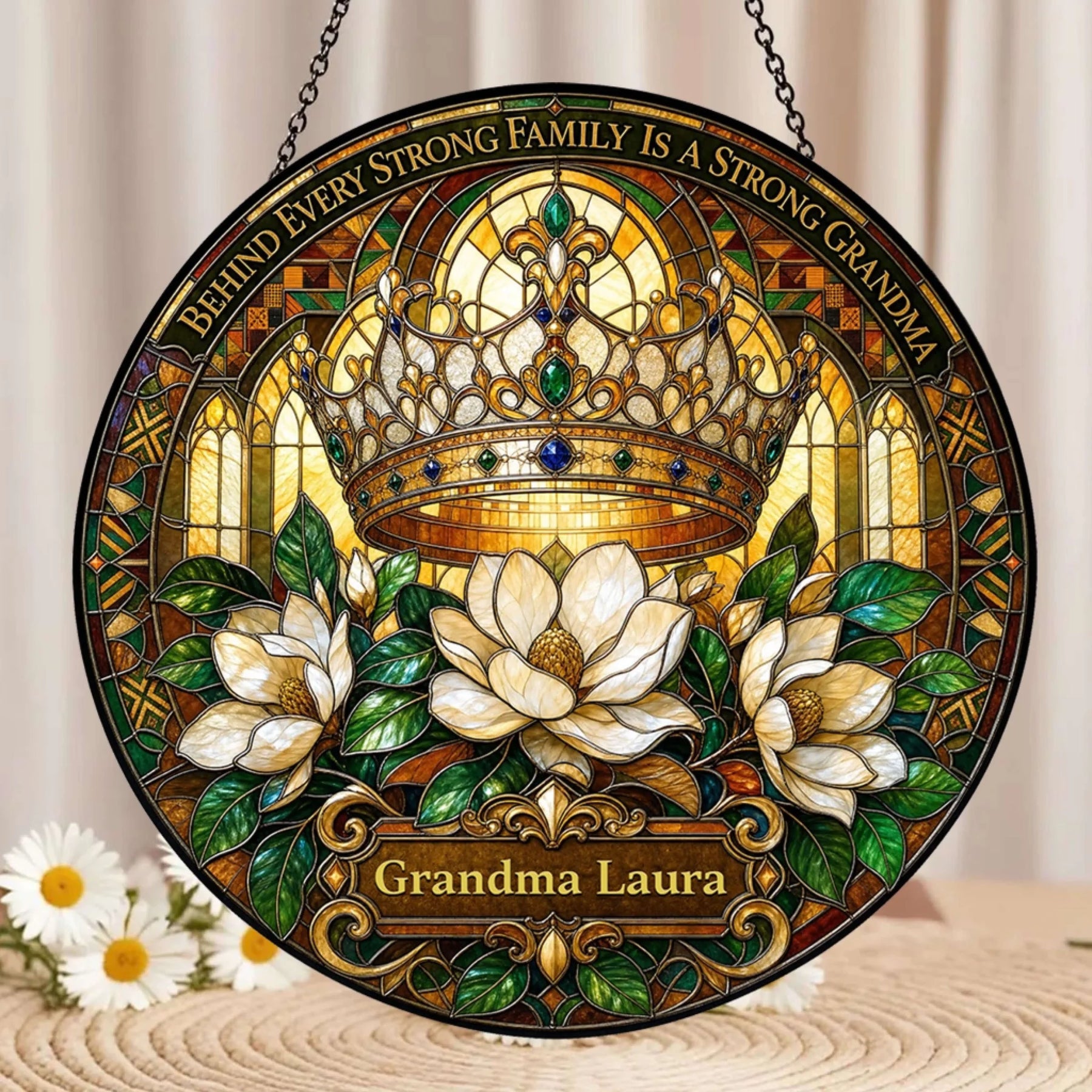 Custom Grandma Laura acrylic suncatcher ornament featuring elegant magnolias and a crown motif, perfect for gifts.