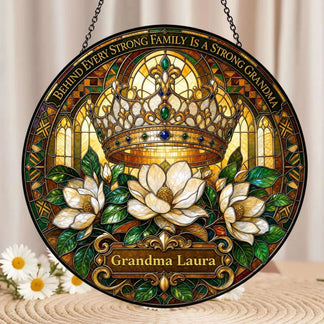Custom Grandma Laura acrylic suncatcher ornament featuring elegant magnolias and a crown motif, perfect for gifts.