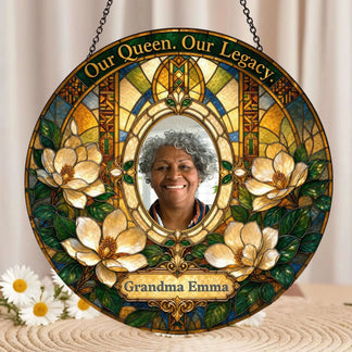 Stained glass style memorial suncatcher for Grandma with custom photo and floral artwork hanging by a chain.