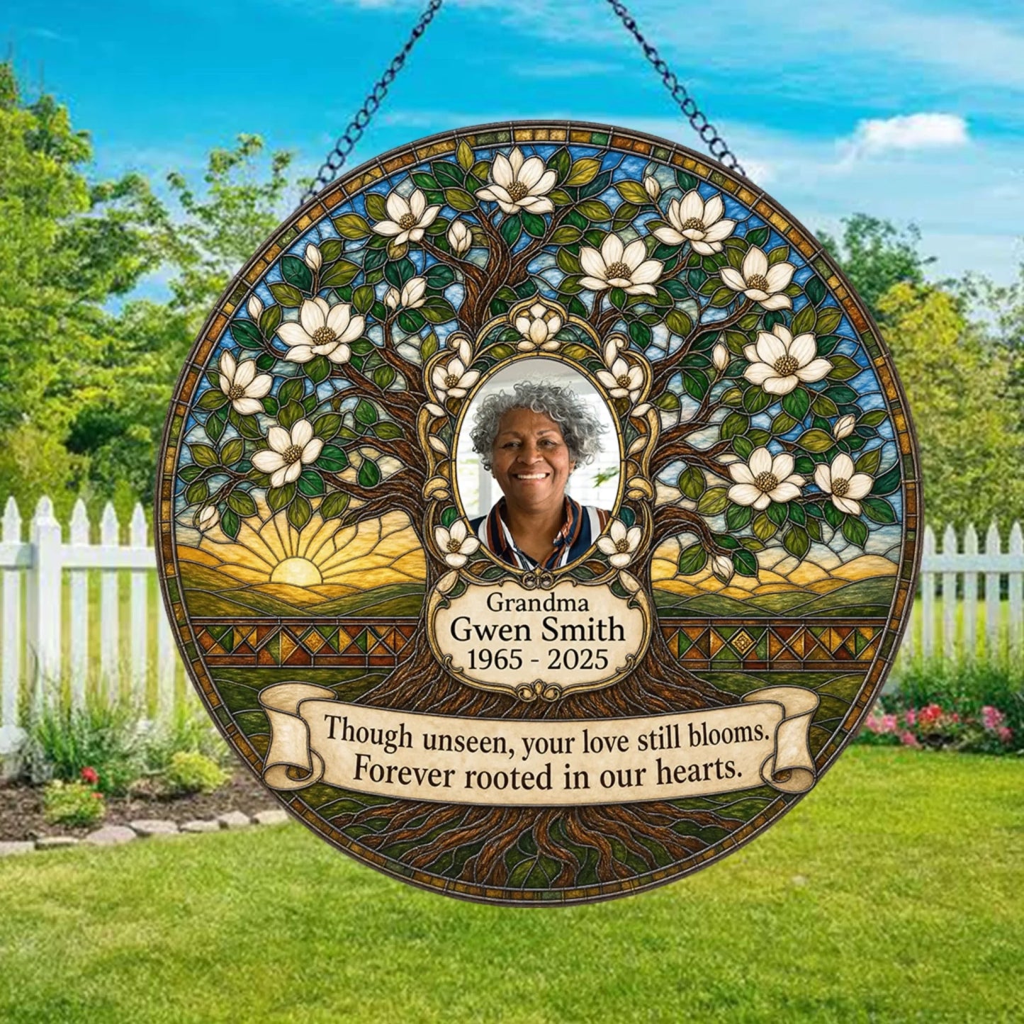 Personalized magnolia tree memorial suncatcher for Grandma Gwen Smith with custom photo, years, and sentimental quote.