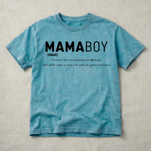 Blue t-shirt with 'MAMA BOY' text on a beige background