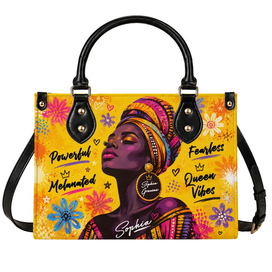 Custom handbag featuring a vibrant melanated woman illustration with motivational quotes for a stylish empowering gift