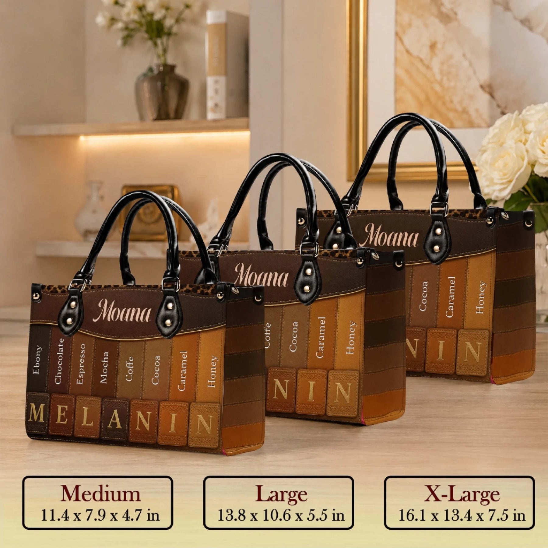 Three sizes of personalized melanin gradient handbags labeled medium large and extra large with dimensions displayed.