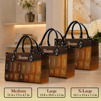 Three sizes of personalized melanin gradient handbags labeled medium large and extra large with dimensions displayed.