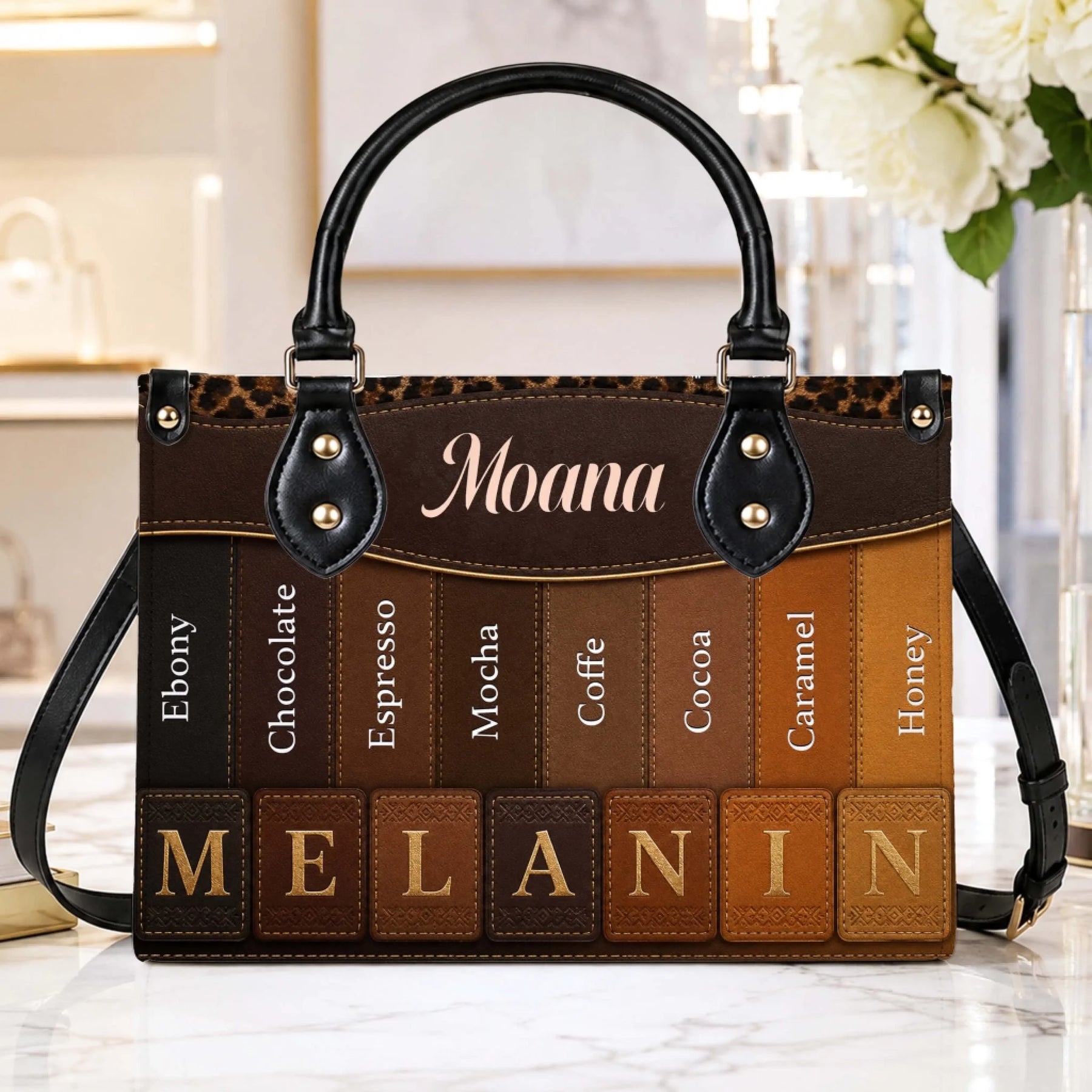 Custom melanin handbag with skin tone color swatches and personalized name, an empowering gift for Black women.