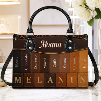 Custom melanin handbag with skin tone color swatches and personalized name, an empowering gift for Black women.