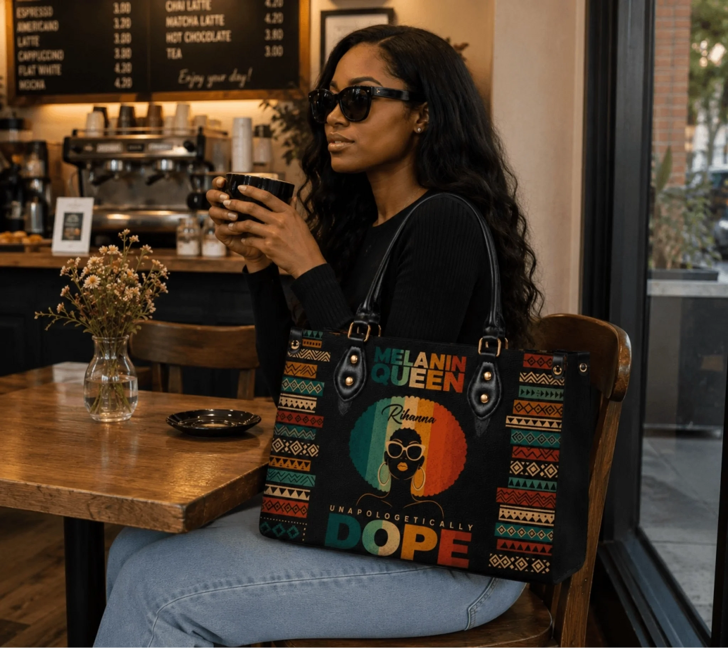 Woman in a coffee shop holding a custom Melanin Queen handbag with a colorful afro design and Rihenna name print.
