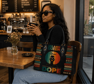 Woman in a coffee shop holding a custom Melanin Queen handbag with a colorful afro design and Rihenna name print.