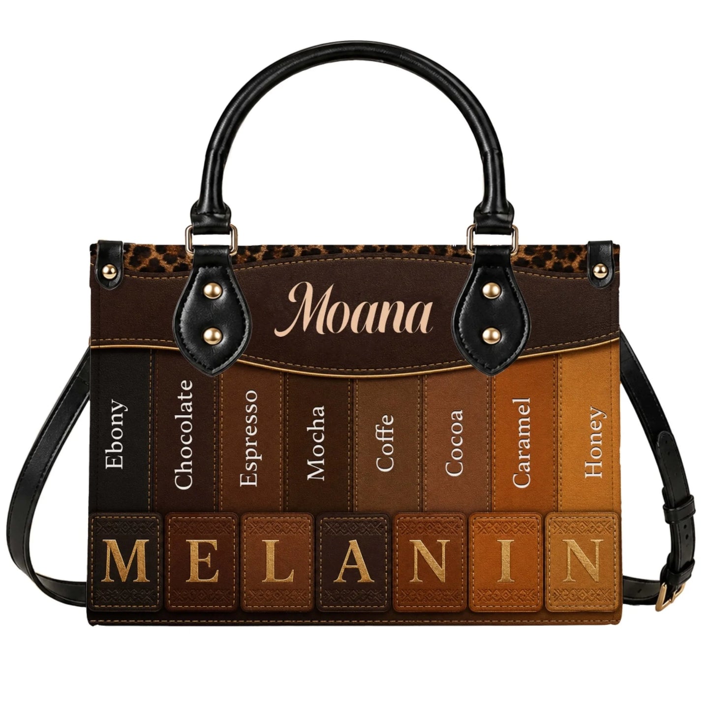 Customizable melanin pride leather handbag featuring skin tone swatches and personalized name for Black History Month gifts.