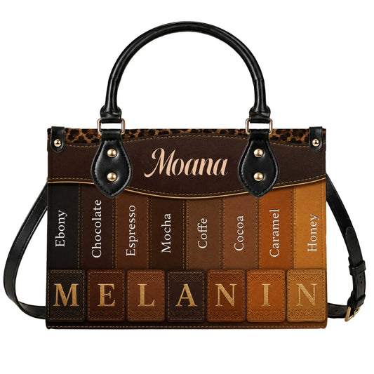 Customizable melanin pride leather handbag featuring skin tone swatches and personalized name for Black History Month gifts.