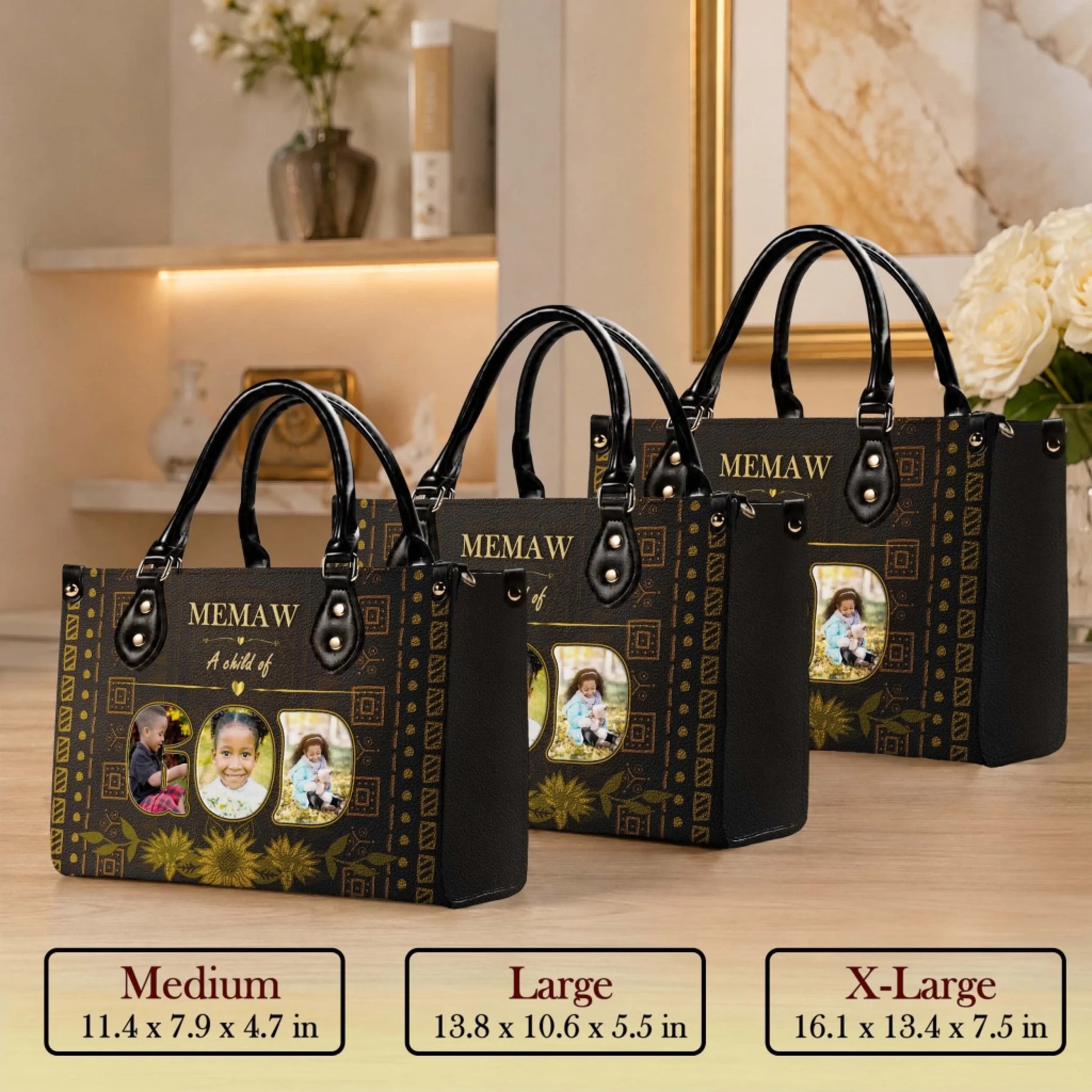 Custom memaw handbag featuring personalized photos and text in medium large and extra large size options for gifts