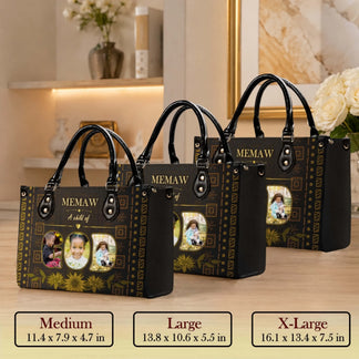 Custom memaw handbag featuring personalized photos and text in medium large and extra large size options for gifts
