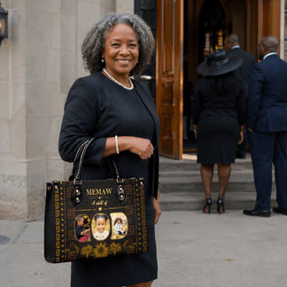 A mature woman holding a personalized brown handbag featuring custom family photos and the text Memaw A child of God.