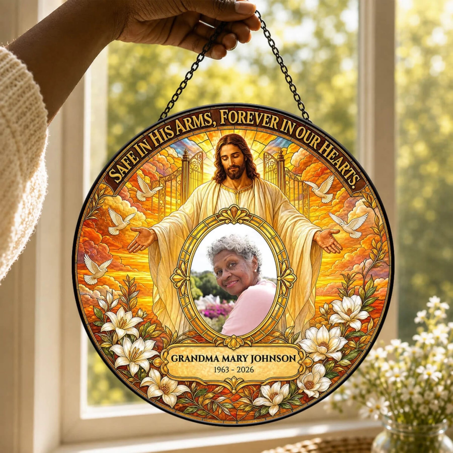 Custom grandma memorial suncatcher featuring a photo custom name and years with a religious Jesus design gift idea.