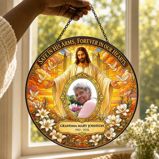 Custom grandma memorial suncatcher featuring a photo custom name and years with a religious Jesus design gift idea.