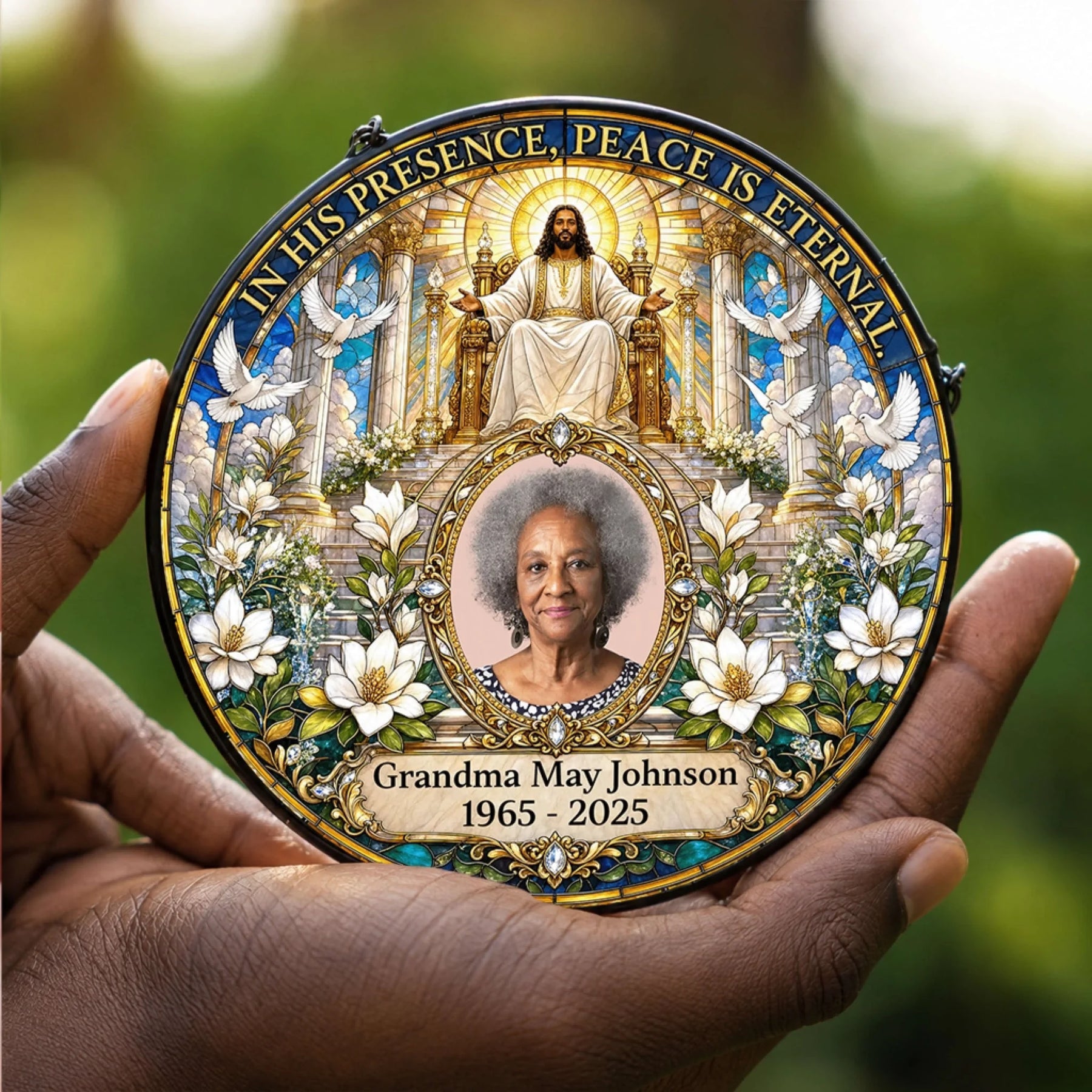 Round personalized memorial acrylic suncatcher featuring a custom photo of Grandma May Johnson and Jesus for sympathy gift.