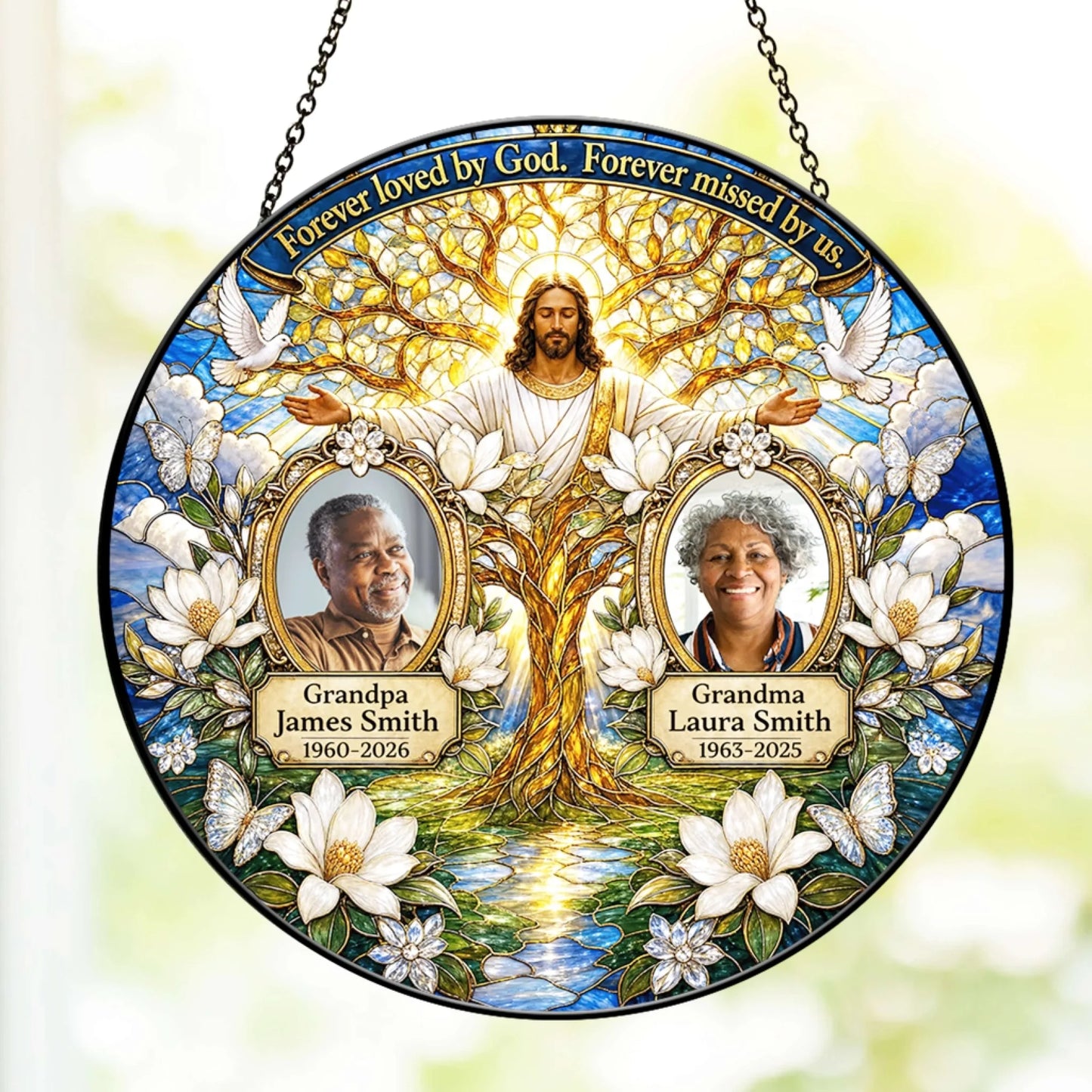 Custom memorial acrylic suncatcher featuring Jesus, a tree of life, and personalized photos with names and dates.