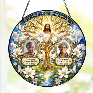 Custom memorial acrylic suncatcher featuring Jesus, a tree of life, and personalized photos with names and dates.