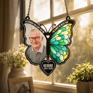Custom butterfly acrylic suncatcher for memorial featuring a loved one photo, name, years, and sentimental sympathy quote.