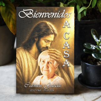 Custom memorial canvas with Jesus and woman design personalized with the name Carmen Garcia for a lasting tribute gift.