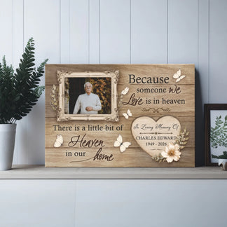 Custom memorial canvas with photo frame and heart design featuring butterflies and flowers for home sympathy decor.