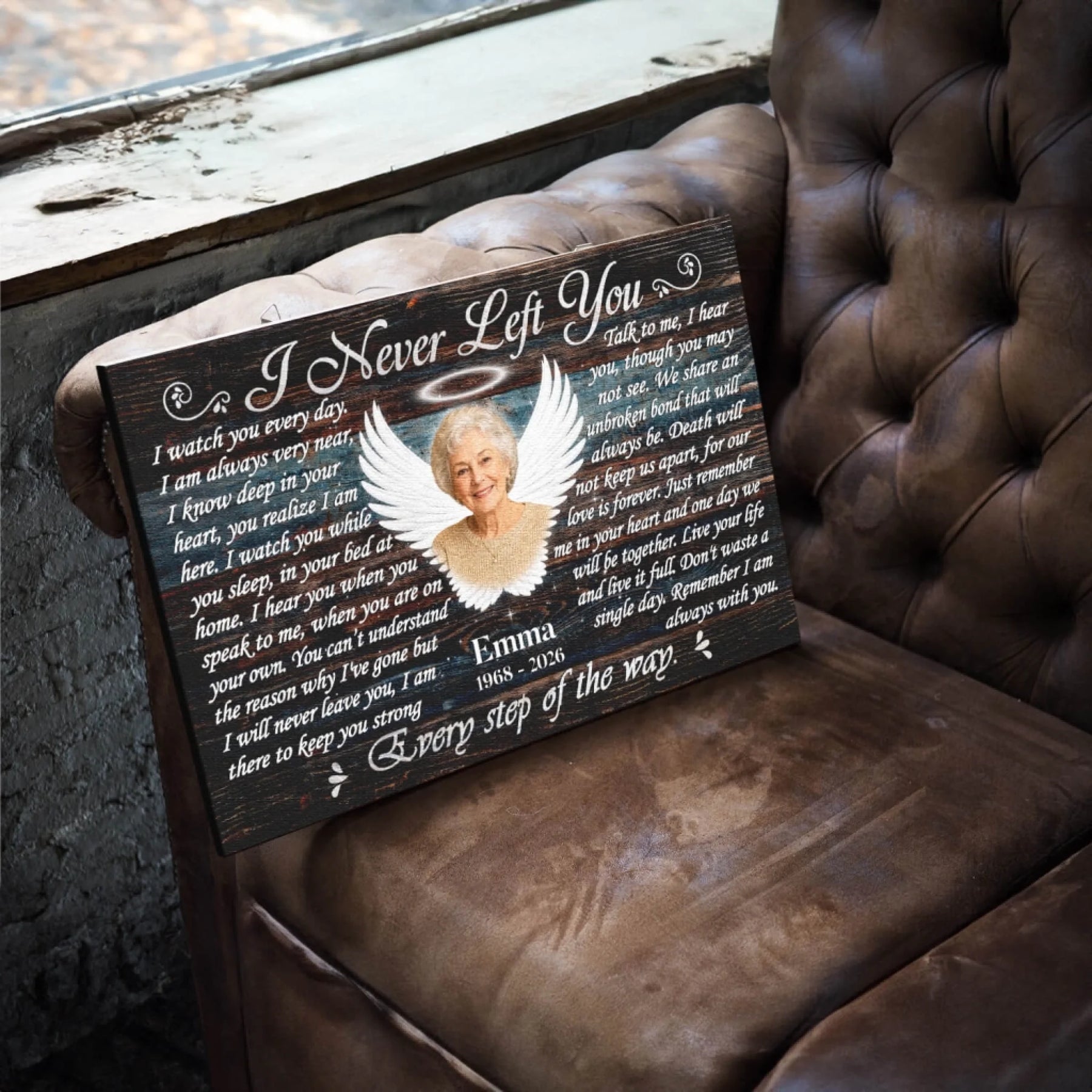 Custom memorial canvas featuring angel wings, photo, and heartfelt I Never Left You poem for loss of a loved one.