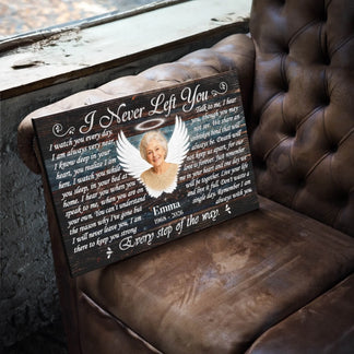 Custom memorial canvas featuring angel wings, photo, and heartfelt I Never Left You poem for loss of a loved one.