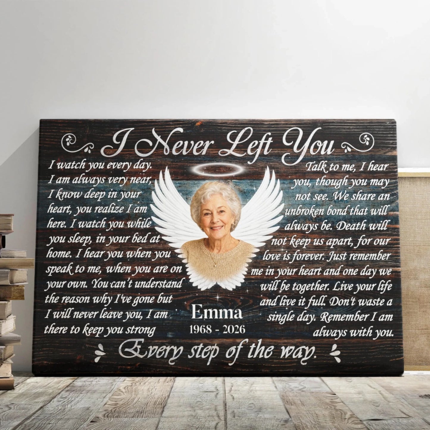 Custom memorial canvas print featuring angel wings photo and memorial text for a heartfelt sympathy gift idea.