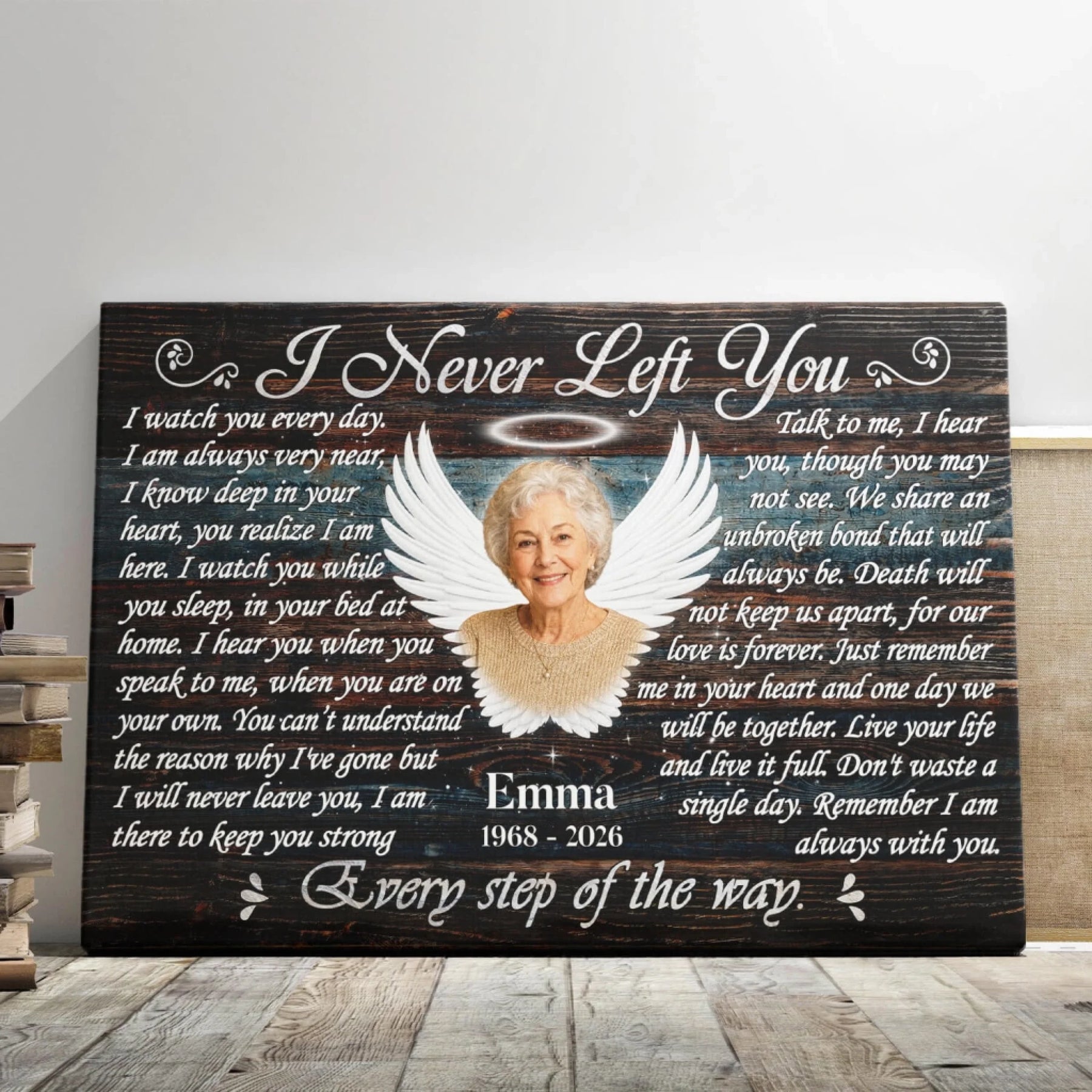 Custom memorial canvas print featuring angel wings photo and memorial text for a heartfelt sympathy gift idea.