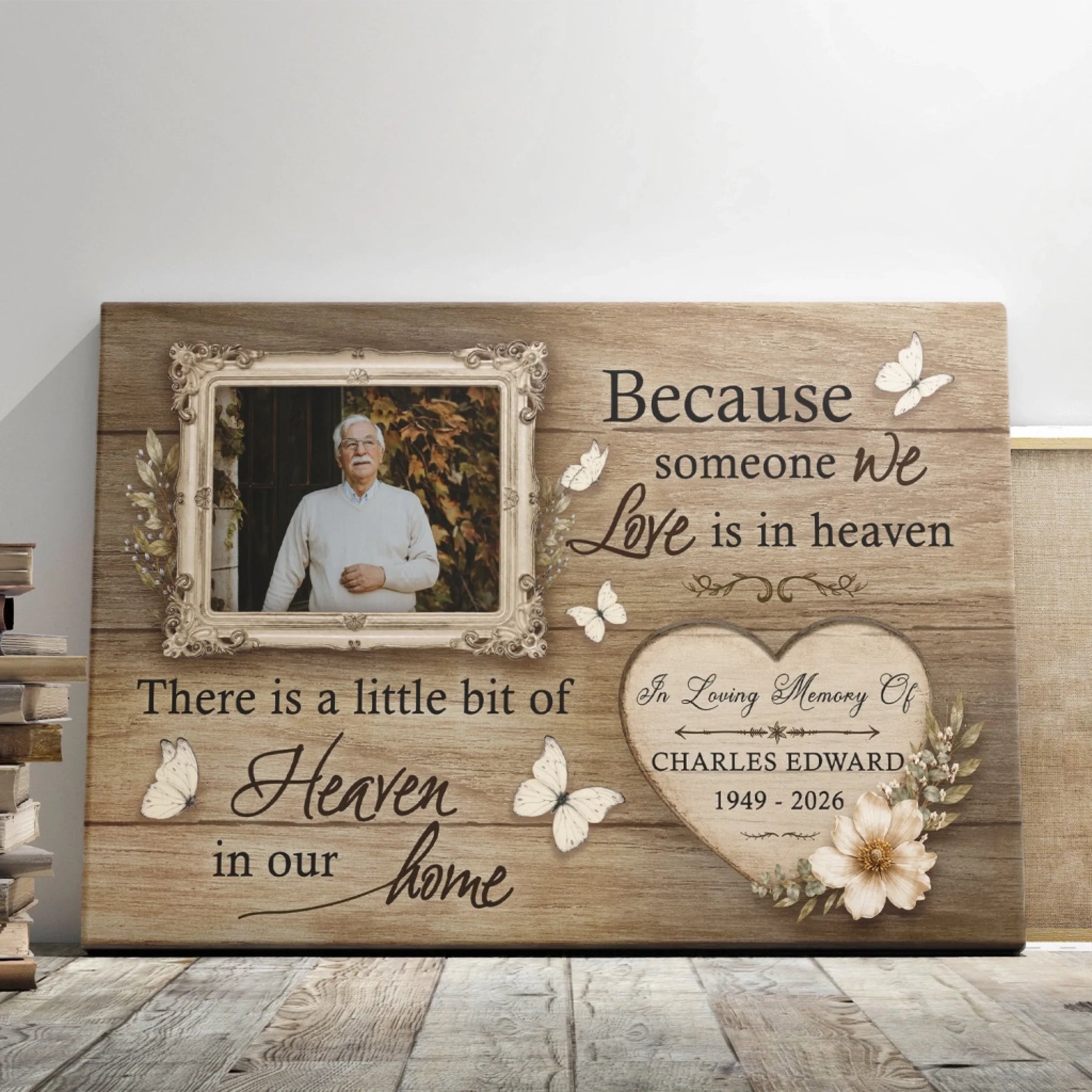 Custom memorial canvas featuring a photo frame butterflies floral heart design with name and years for sympathy gift.