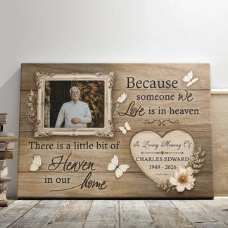 Custom memorial canvas featuring a photo frame butterflies floral heart design with name and years for sympathy gift.