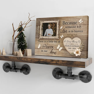 Personalized memorial plaque on a rustic wooden shelf, featuring a custom photo and dates as a thoughtful keepsake.