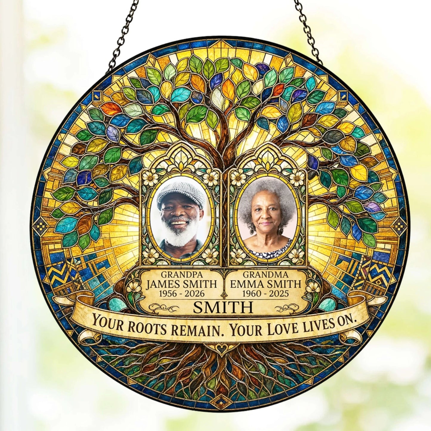 Customized memorial hanging suncatcher with tree design, photos, and years in a beautiful stained glass style.