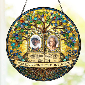 Customized memorial hanging suncatcher with tree design, photos, and years in a beautiful stained glass style.