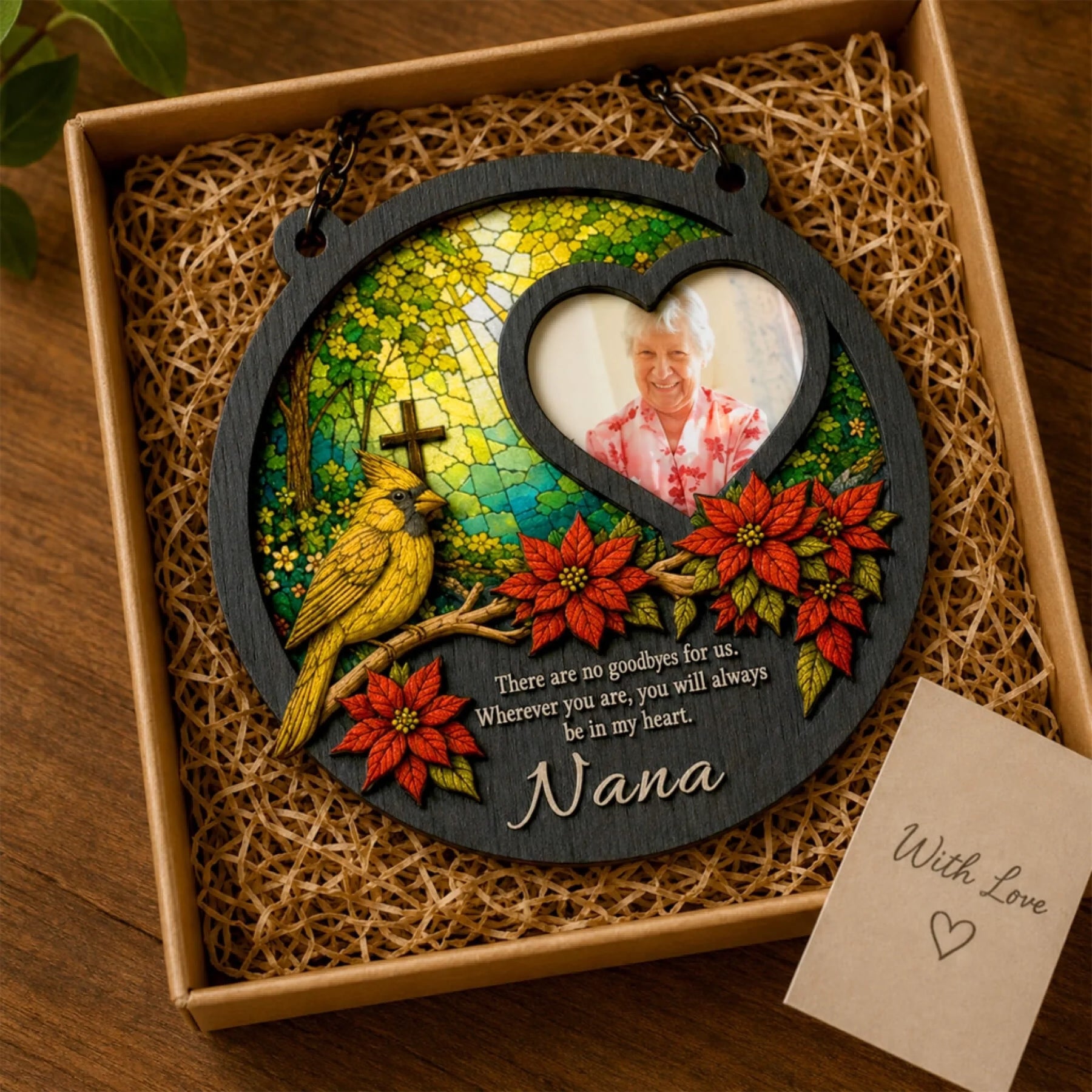 Gift boxed memorial suncatcher ornament featuring a yellow cardinal design and a custom Nana photo for loss sympathy.