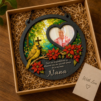 Gift boxed memorial suncatcher ornament featuring a yellow cardinal design and a custom Nana photo for loss sympathy.