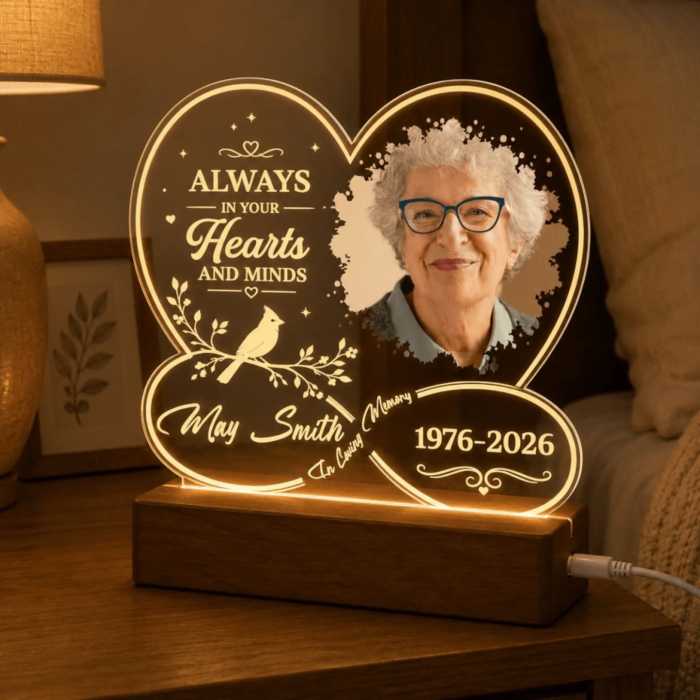 Heart-shaped acrylic memorial lamp with custom photo and dates, perfect for bedside table sympathy remembrance.