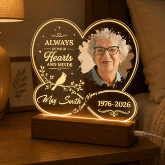 Heart-shaped acrylic memorial lamp with custom photo and dates, perfect for bedside table sympathy remembrance.