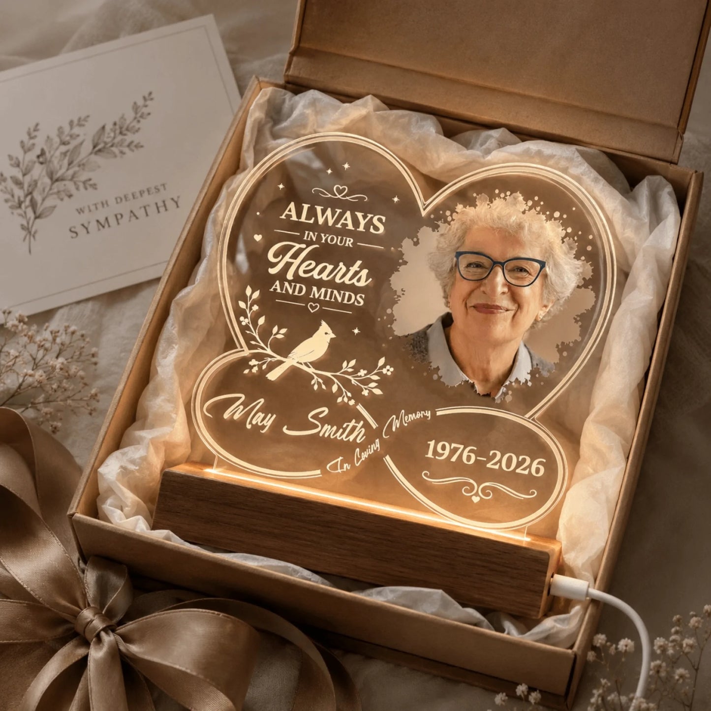 Custom heart-shaped memorial LED plaque gift set in packaging with a sympathy card for honoring a loved one.
