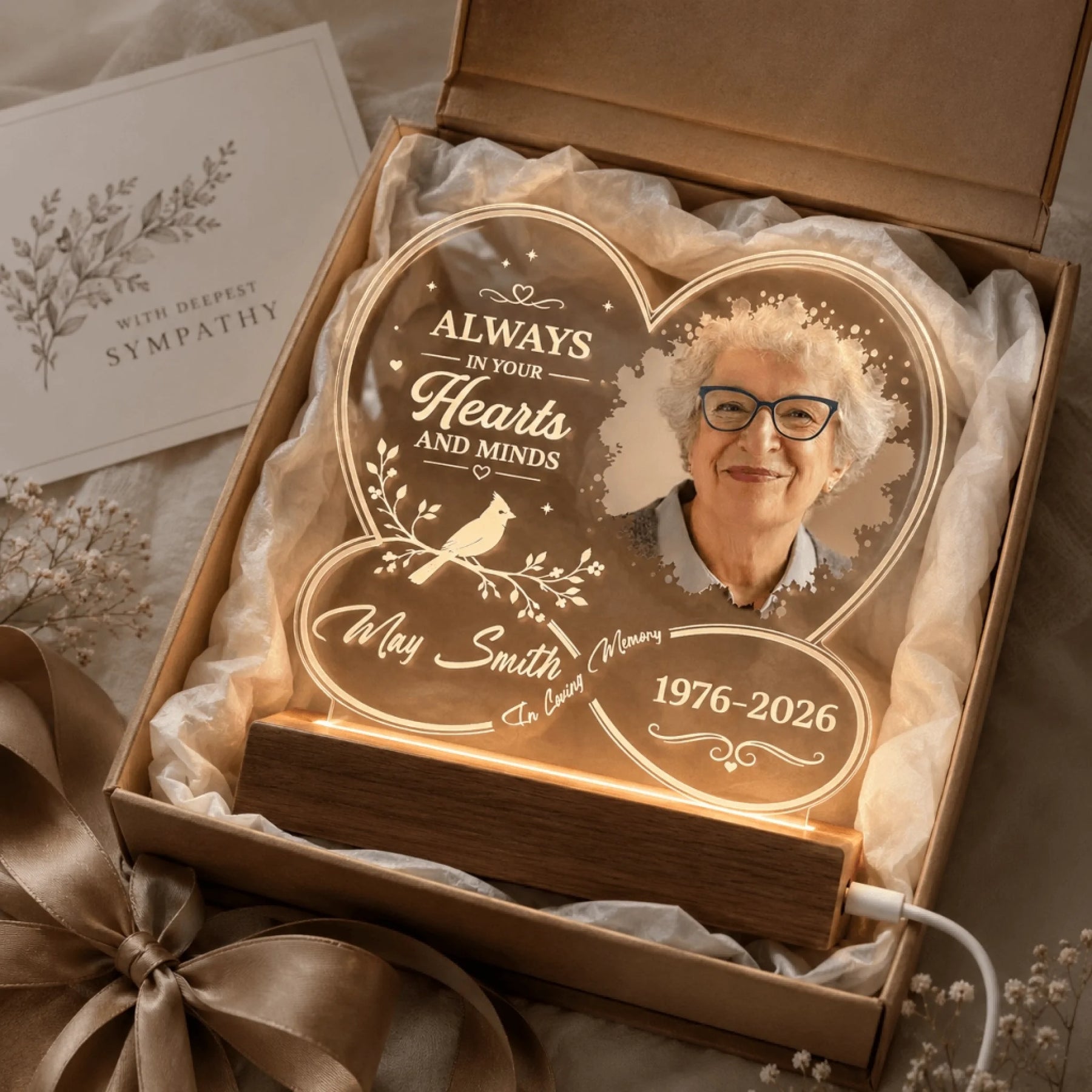 Custom heart-shaped memorial LED plaque gift set in packaging with a sympathy card for honoring a loved one.