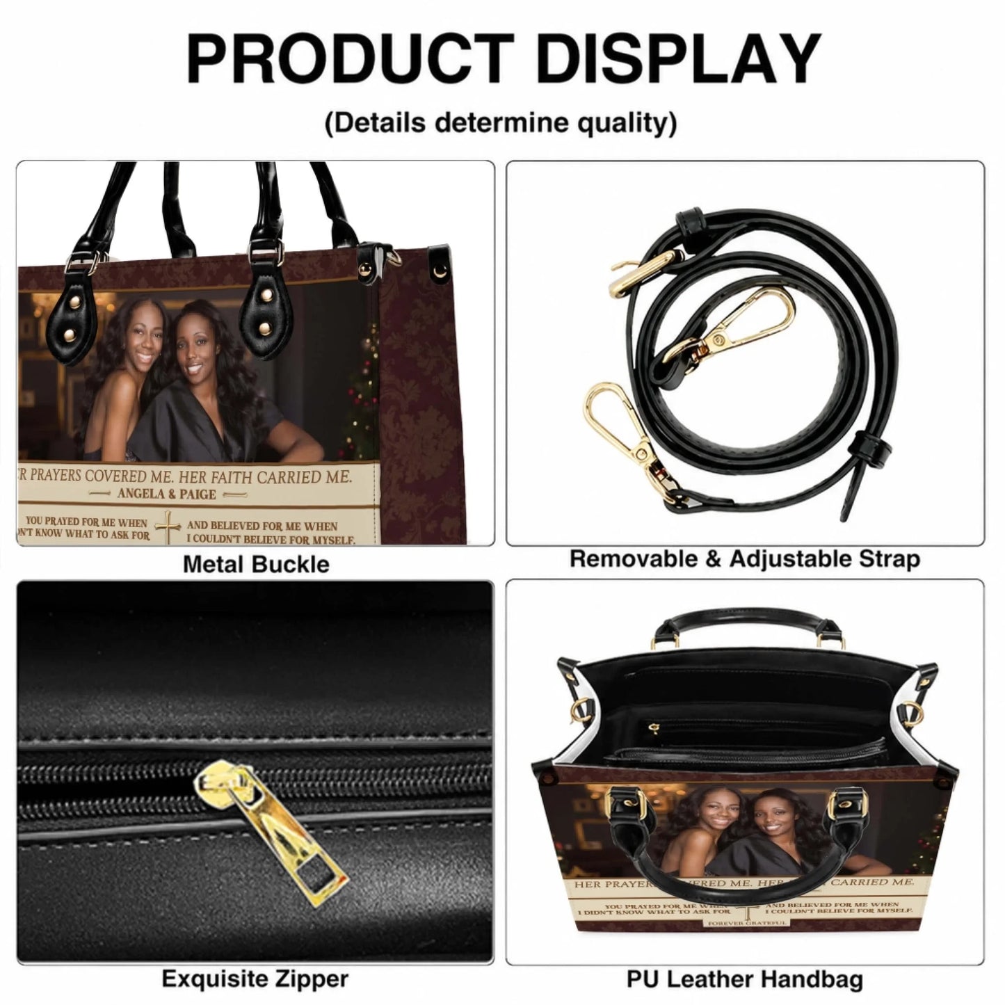 Personalized PU leather tote bag featuring a custom photo of two women and a touching memorial tribute quote for loss.