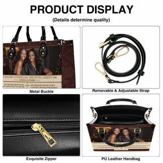 Personalized PU leather tote bag featuring a custom photo of two women and a touching memorial tribute quote for loss.