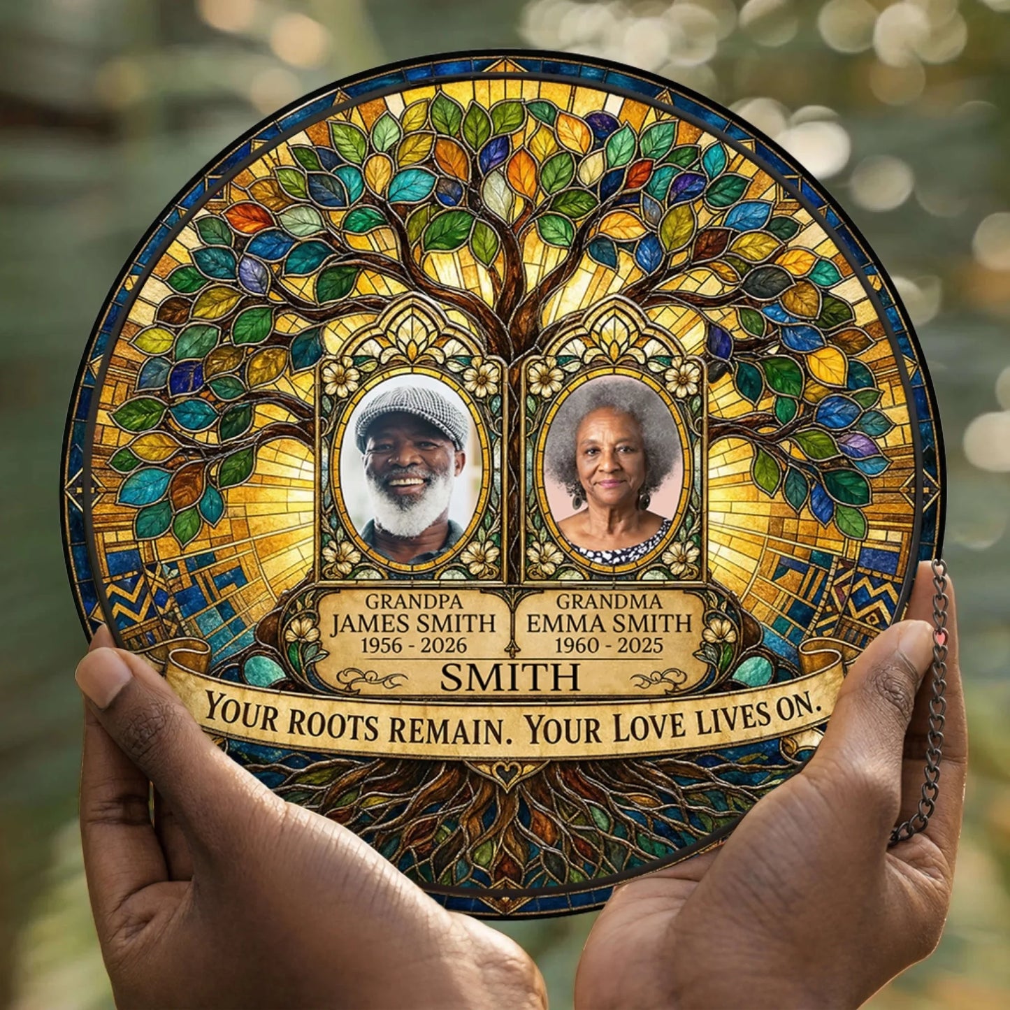 Memorial suncatcher featuring a stained glass tree design, customized with two portraits, names, and dates to honor the memory of grandparents