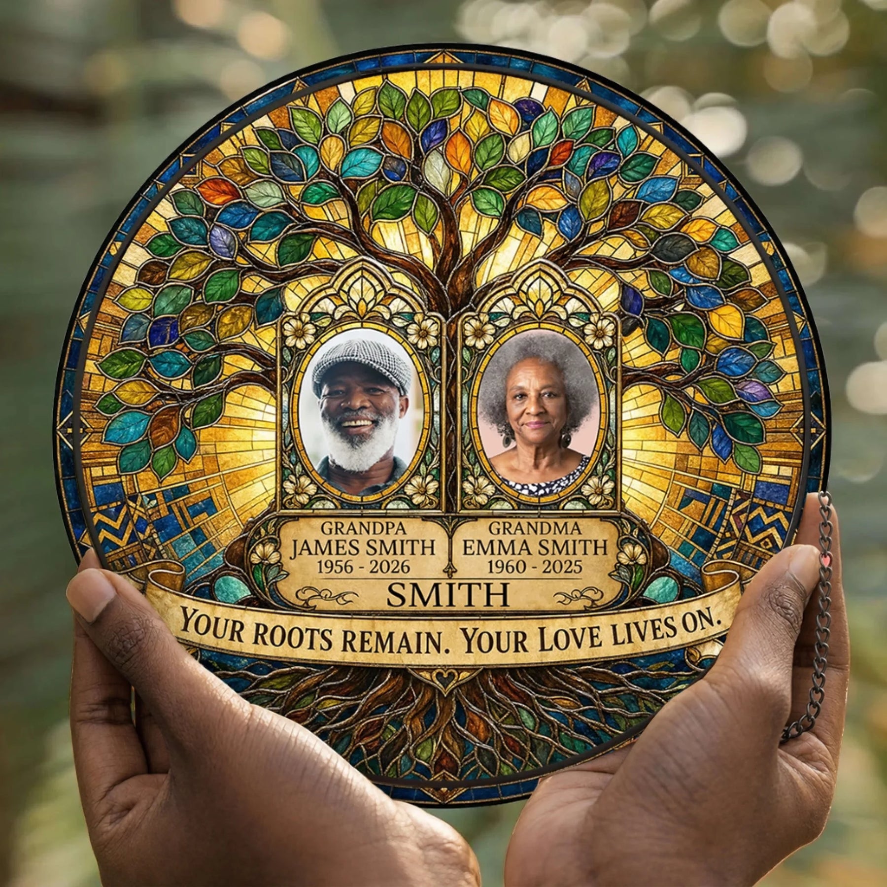 Memorial suncatcher featuring a stained glass tree design, customized with two portraits, names, and dates to honor the memory of grandparents