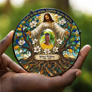 Custom memorial stained glass suncatcher with a photo of Mabel William, featuring a Jesus design for bereavement.