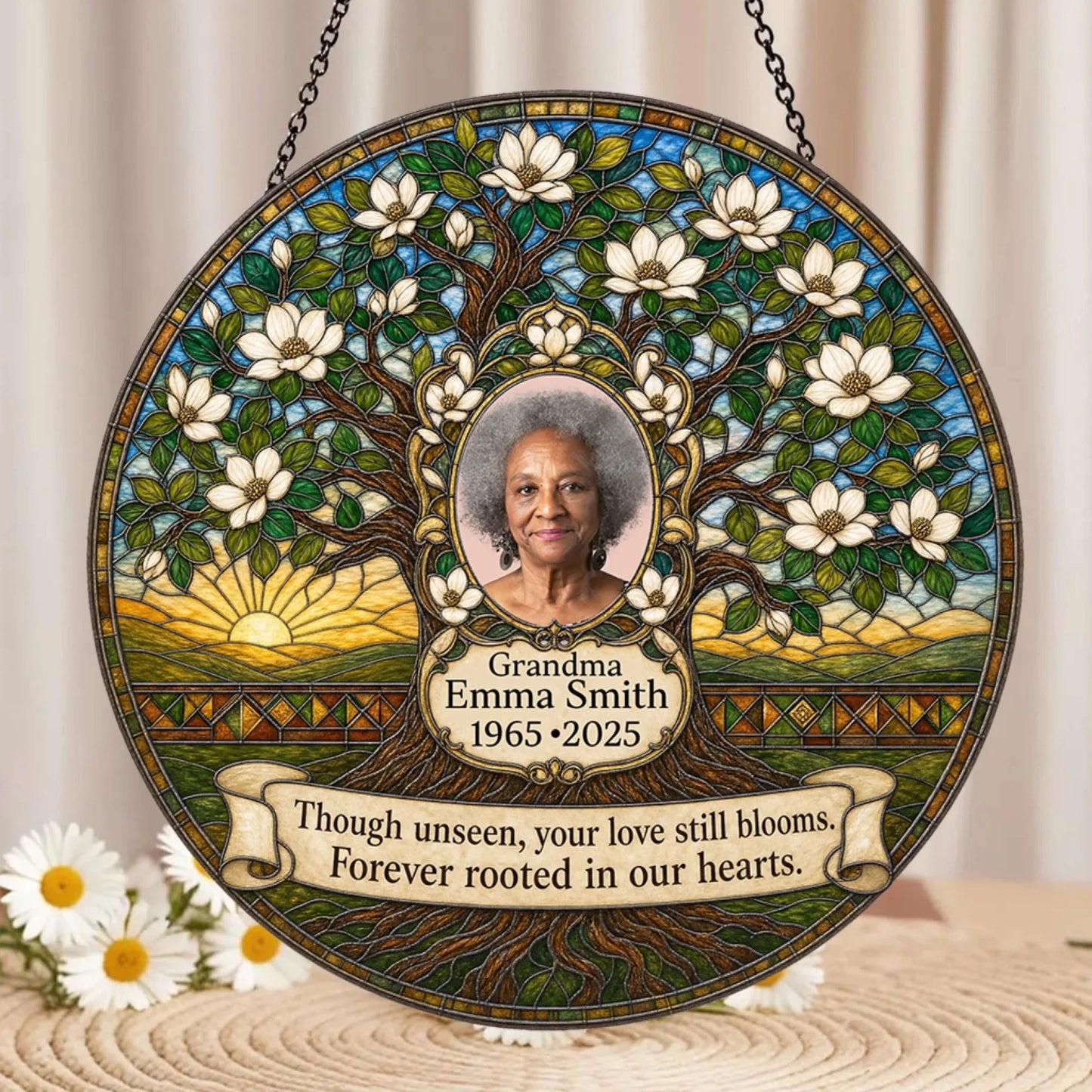 A personalized stained glass style suncatcher for memorial gifts featuring a custom photo of a grandmother and a loving quote.